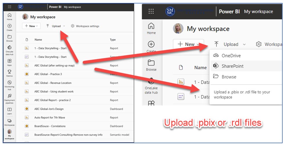 A screenshot showing how you can upload either a .pbix or .rdl file directly to Power BI Services Online