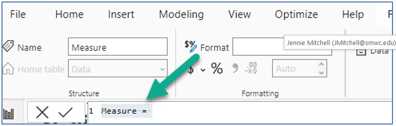 A screenshot showing the pop-up after selecting new measure in Power BI Desktop
