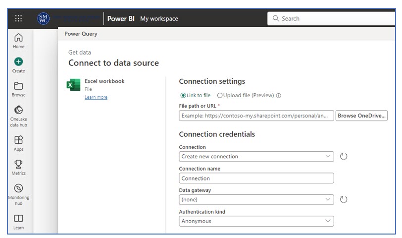A screenshot in Power BI Online showing how to link an Excel Workbook