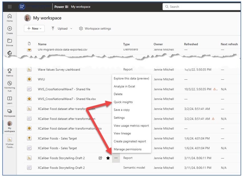 A screenshot showing My Workspace where the report sits in Power BI Online noting quick insights