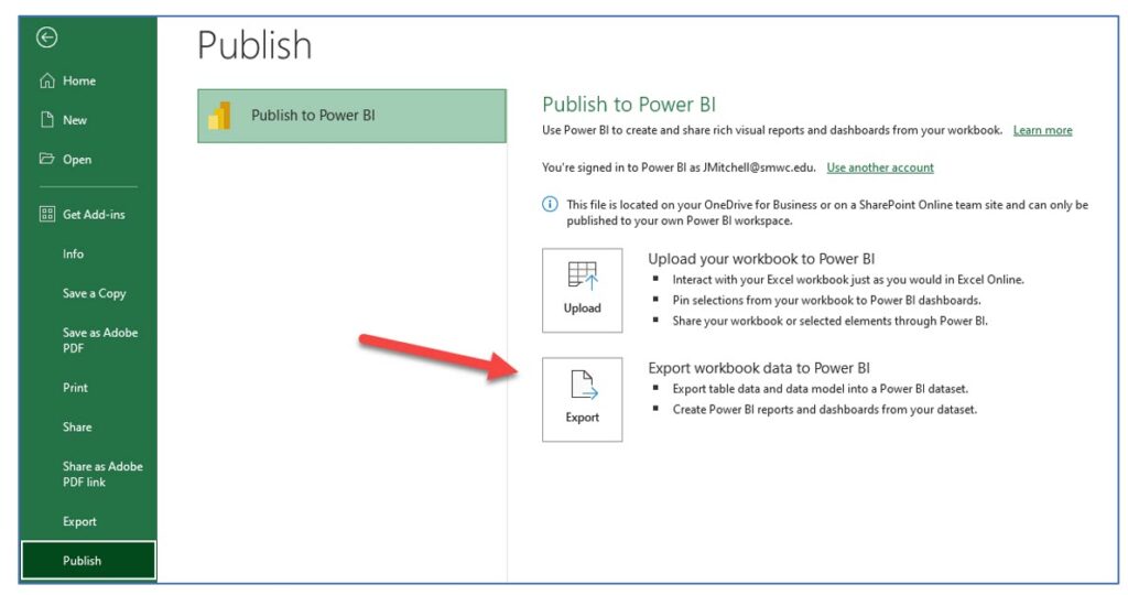 A screenshot showing a way to publish an Excel File Directly to Power BI Services Online