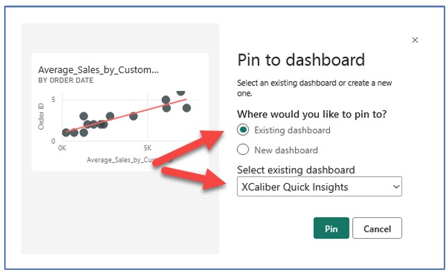 How to pin a quick insight to an existing dashboard in Power BI Services Online