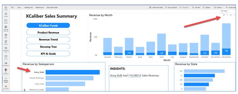 Showing how to filter page one data to be able to pin information in Power BI Services Online
