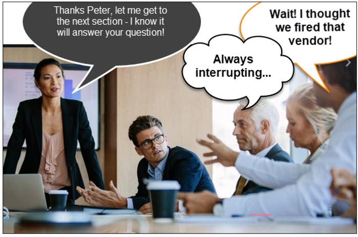 A woman presenting, interrupted by a man