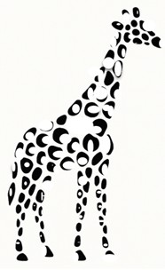 Stylized black-and-white illustration of a giraffe, created using scattered black shapes resembling horseshoe prints or crescent marks. The white background forms the outline of the giraffe’s body, while the black shapes suggest its form and pattern without continuous lines.