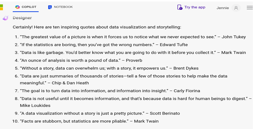 A screenshot of a Microsoft Copilot response to the same prompt, "Make a list of quotes that relate to data visualization."