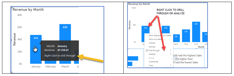 A screenshot showing how to right-click on any bar chart to drill down to more details in Power BI Desktop reports