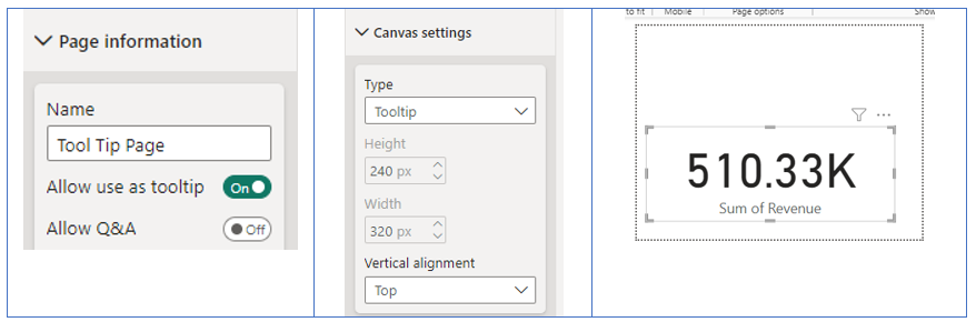 Three images showing page information, canvas settings, and the sum of revenue custom tool tip in Power BI Desktop