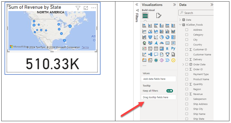How ot set up a customized tool tip for any field chosen - show map with total sales in Power BI Desktop