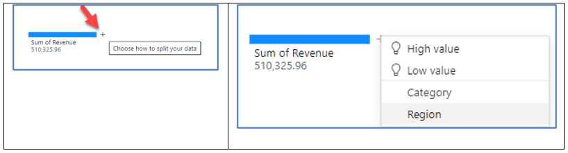 A screenshot howing how to split up your data in a Decomp Tree by using the + bar in Power BI Desktop