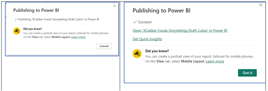 A screenshot showing pop-up windows as the result of publishing to Power BI Services Online