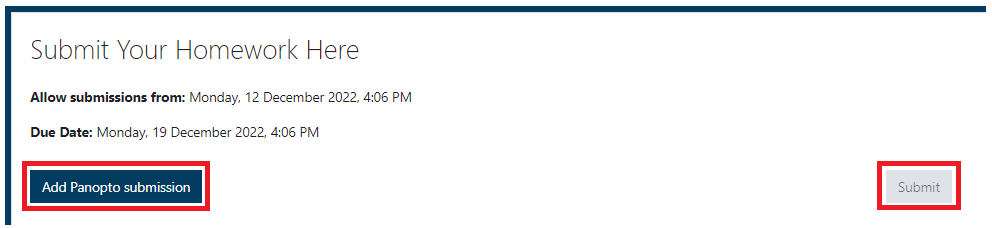 Add a Panopto submission button found from the student perspective when submitting a Panopto assignment.