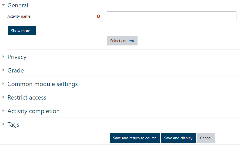 Settings menu for the Panopto LTI resource where you can name the activity and configure other settings.