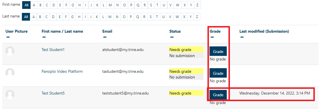 Grade options when viewing a list of submissions within a Panopto assignment.