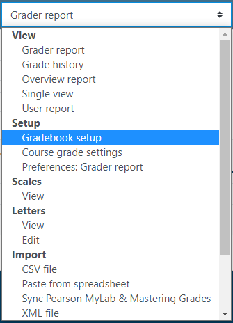 The gradebook setup is a highlighted option within the grade-related drop-down navigational menu.