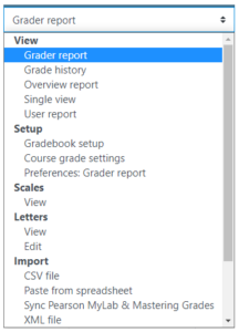 The grader report is a highlighted option within the grade-related drop-down navigational menu.