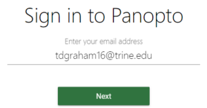 Panopto sign in prompt for finding Trine's media space.