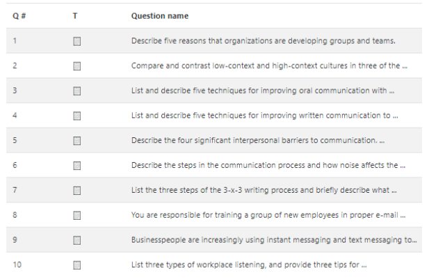 List of quiz questions displayed when beginning manual grading.