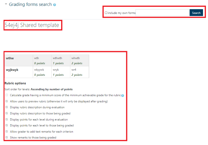 Search bar for finding pre-made or shared rubric templates.