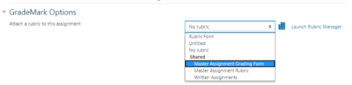 Drop-down menu where you can apply a rubric to a Turnitin assignment.