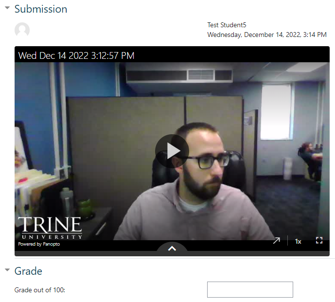 Example of an embedded panopto video view when grading the submission.
