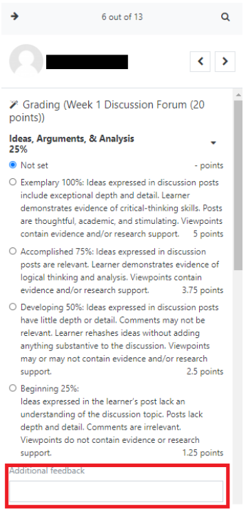 Example of the whole forum grading interface that highlights the additional feedback area when a rubric is equipped to the assignment.