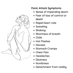 Panic Attacks Symptoms: Sense of impending doom; Fear of loss of control or death; Rapid heart rate; Sweating; Shaking; Shortness of breath; Chills; Hot Flashes; Nausea; Stomach Cramps; Chest Pain; Headaches; Dizziness; Numbness; Detachment from reality