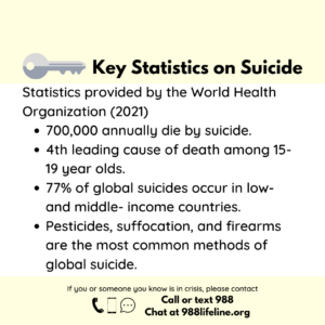 Statistics provided by the World Health Organization (2021) 700,000 annually die by suicide. 4th leading cause of death among 15-19 year olds. 77% of global suicides occur in low- and middle- income countries. Pesticides, hanging, and firearms are the most common methods of global suicide.