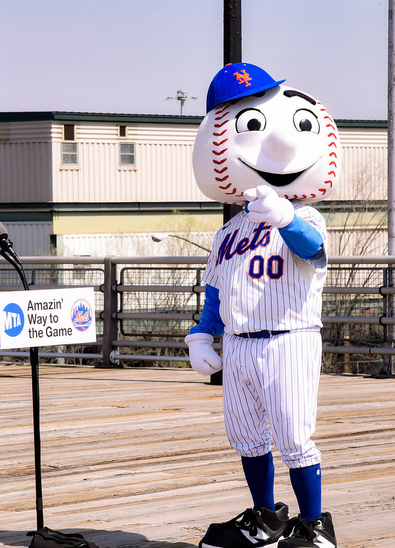 Mr Met mascot pointing at the camera