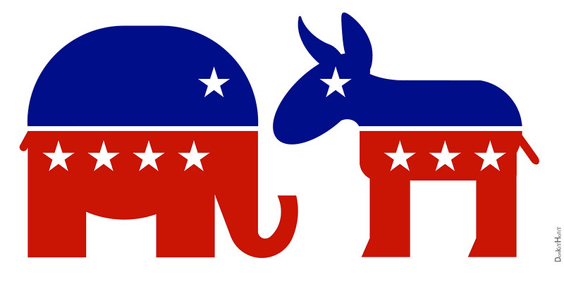 red and blue Republican Elephant & Democratic Donkey illustrations