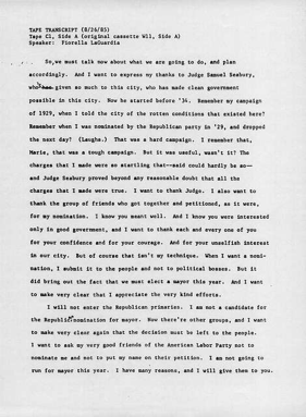 Typewritten transcript titled “TAPE TRANSCRIPT (2/24/83), Type C1, Side A (original cassette VII, Side A), Speaker: Fiorella LaGuardia.” The transcript includes a speech in which LaGuardia discusses political plans, past campaigns, his nomination by the Republican Party in 1929, and his interactions with Judge Samuel Seabury. He recalls being accused of corruption and defends his record, stating he will not run for mayor again and has reasons he will later share.