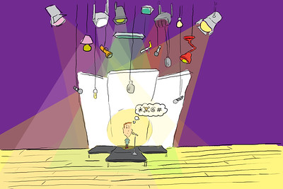 Drawing of man on stage with many lights shingin on him