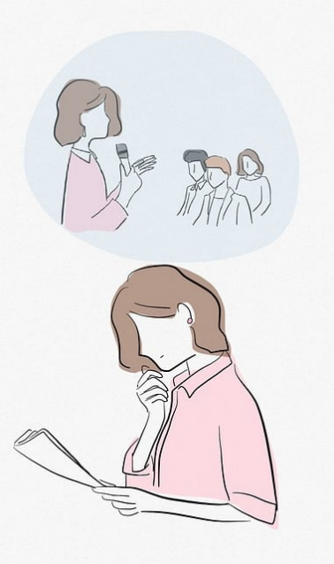 Drawing of a woman looking down at papers whe is holding while thinking about delivering a speech to an audience
