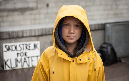 Thunberg with a protest sign