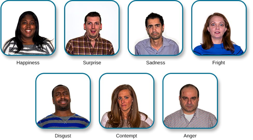 Seven people's faces showing different expressions. An emotion is written under each face.