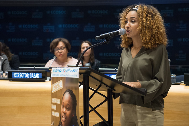 Salina Abraham, president of the International Forestry Students’ Association and Global Landscapes Forum (GLF) presenting a speech at 2018 U.N. ECOSOC Youth Forum in New York.