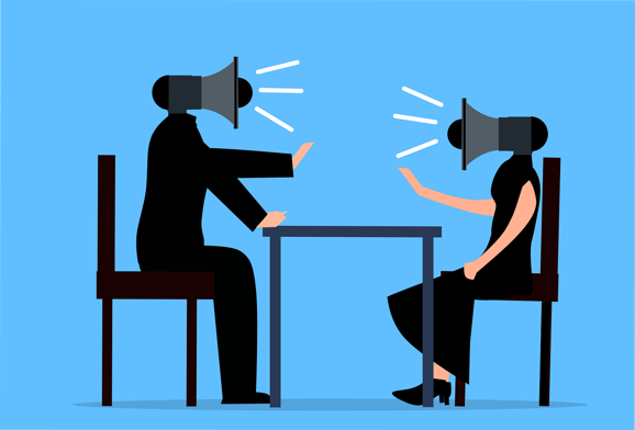 Drawing of two figures facing each other with megaphones as heads