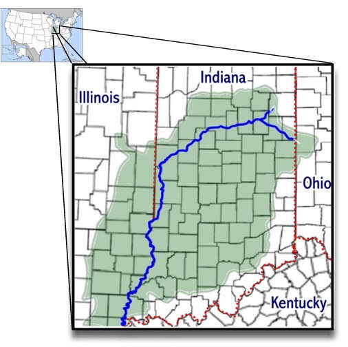 A map of Indiana with a line indicating the Wabash River Watershed