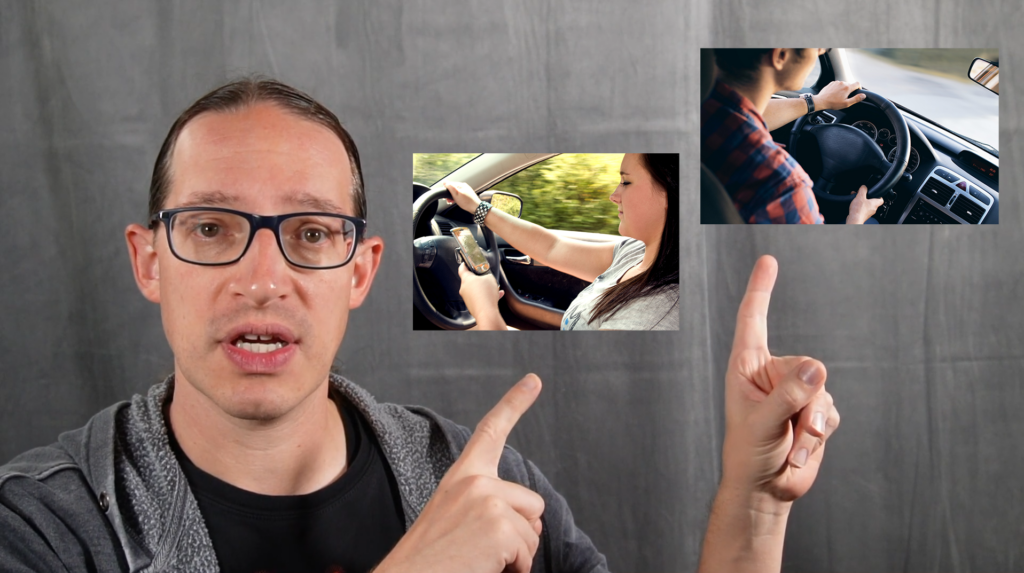 Picture of a man pointing to pictures of a woman texting while driving and a person driving while watching the road