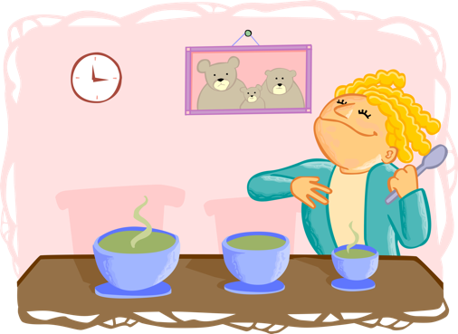 Cartoon illustration of Goldilocks tasting soup in a room with three bowls of different sizes on a table. She looks pleased while holding a spoon and patting her chest. A wall clock shows the time as 3 o'clock, and a framed picture of three bears (two large and one small) hangs on the pink wall in the background. The scene is from the story "Goldilocks and the Three Bears."