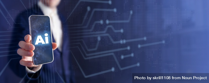 Man holding smartphone with "AI" on the screen