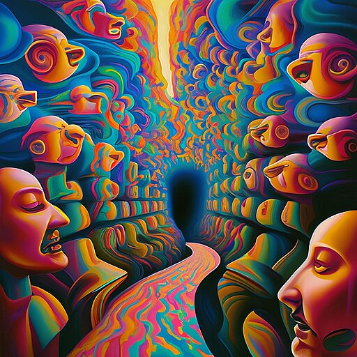 Surreal, colorful digital painting of a winding path leading through a canyon-like corridor formed by abstract, human-like faces on both sides. The faces are distorted and layered in vibrant hues of blue, pink, orange, and purple, creating a dreamlike and emotional atmosphere. At the end of the path, a dark opening contrasts with the bright yellow light breaking through the top of the image, evoking a sense of mystery or transcendence.