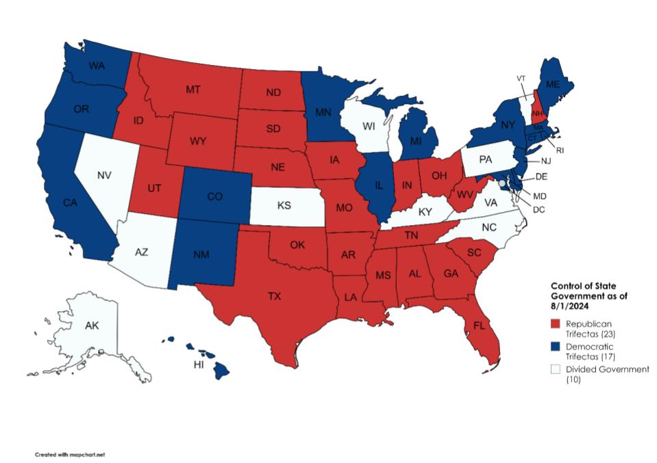 United States map showing which states have Republican trifectas, Democratic trifectas, or divided governments.