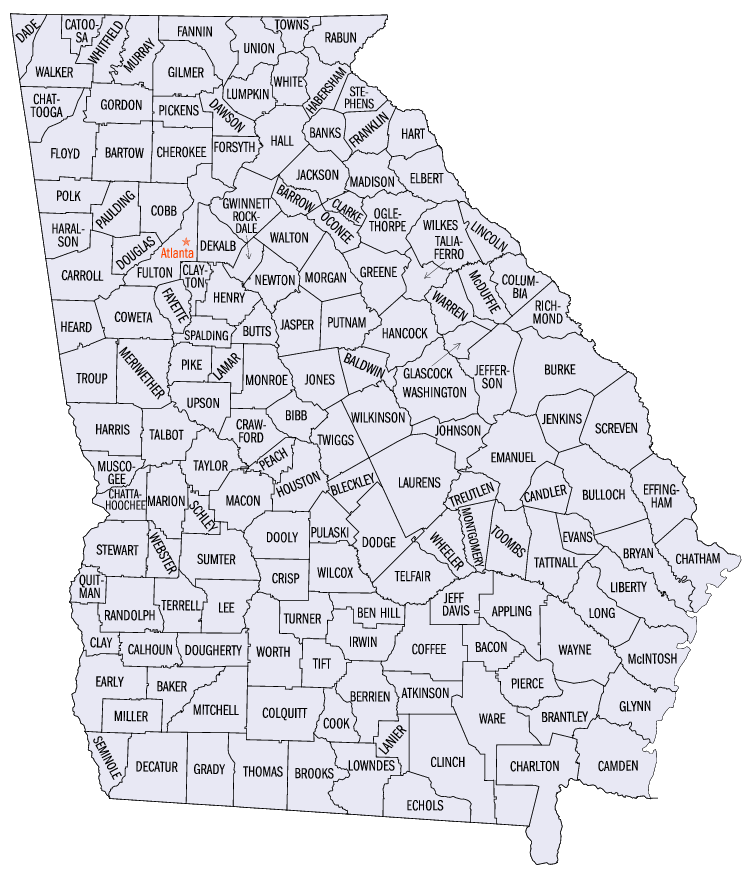 Georgia counties map, with the captial Atlanta marked in red.