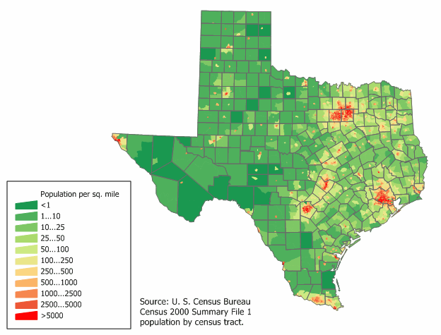 Texas counties map with population density overlaid.