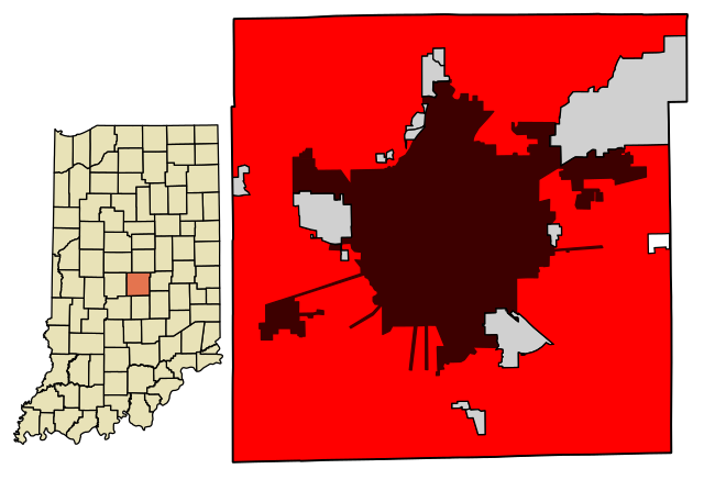 Two maps - left, of Indiana counties where Marion county is highlighted; right, of Marion county depicting the boundaries of included towns of Unigov.