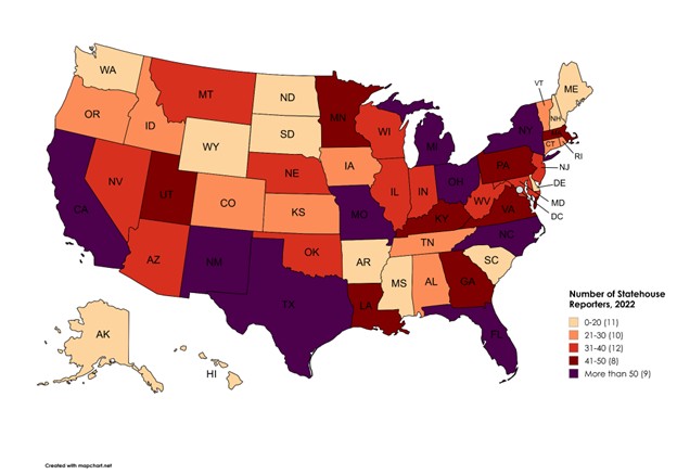 United States map showing that the number of statehouse reporters per state ranges from 0 to over 50.