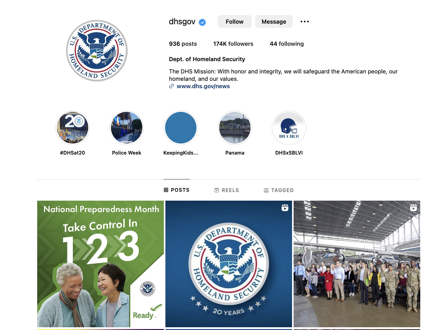 Screenshot of the Department of Homeland Security Instagram page