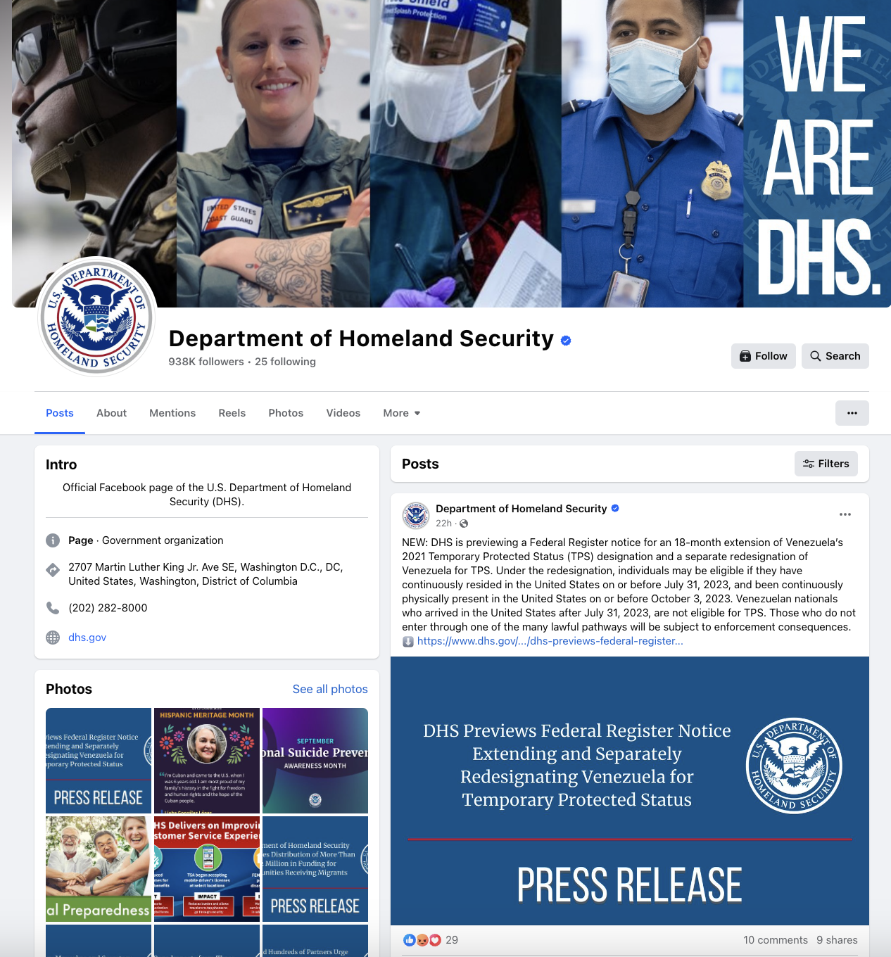 Screenshot of the Department of Homeland Security Facebook Page